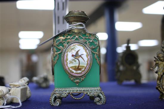 A 19th century French gilt metal mounted glass scent bottle, inset with painted and enamelled plaques, height 13cm